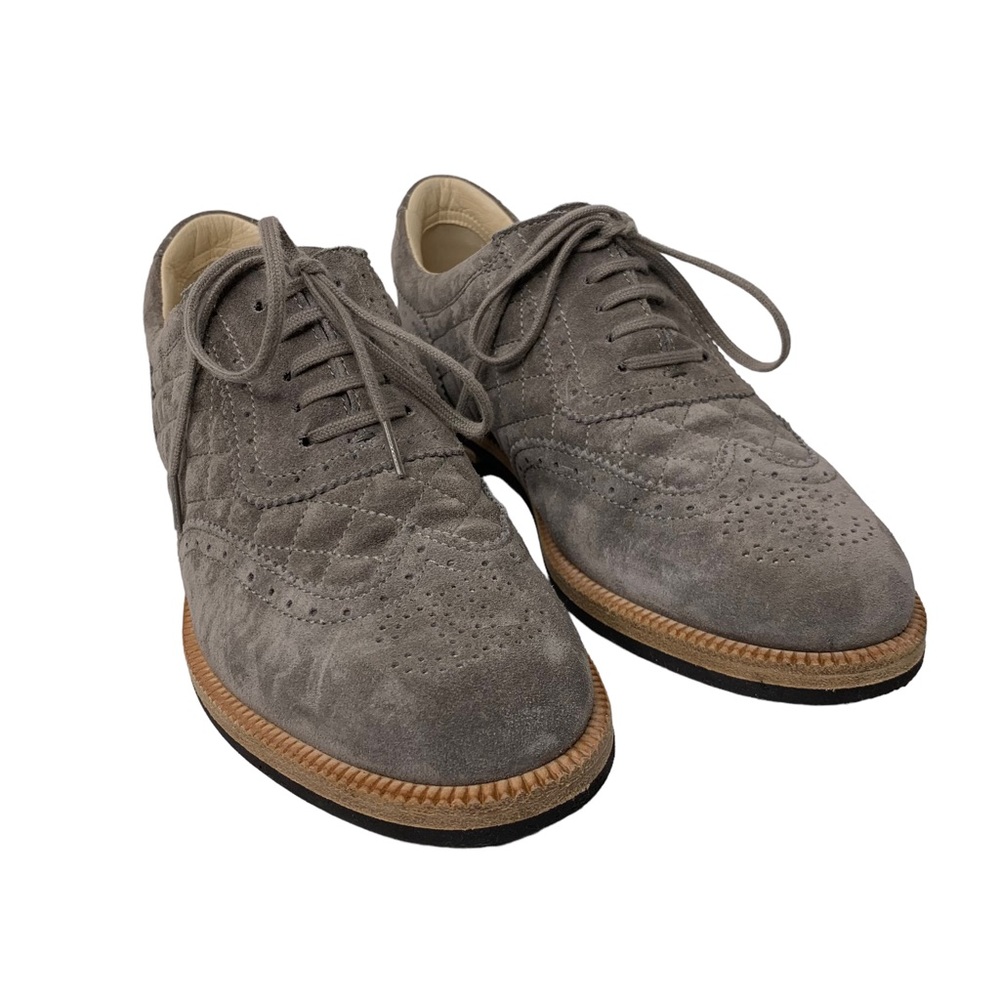 Chanel Suede Quilted Brogue Oxford Loafers Grey 37